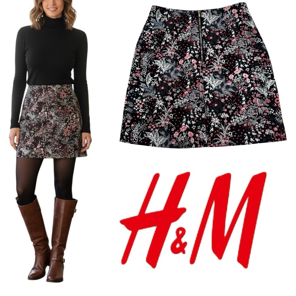 H&M Floral A-Line Mini Skirt – Size 6 (EUR 36) – Black Multi